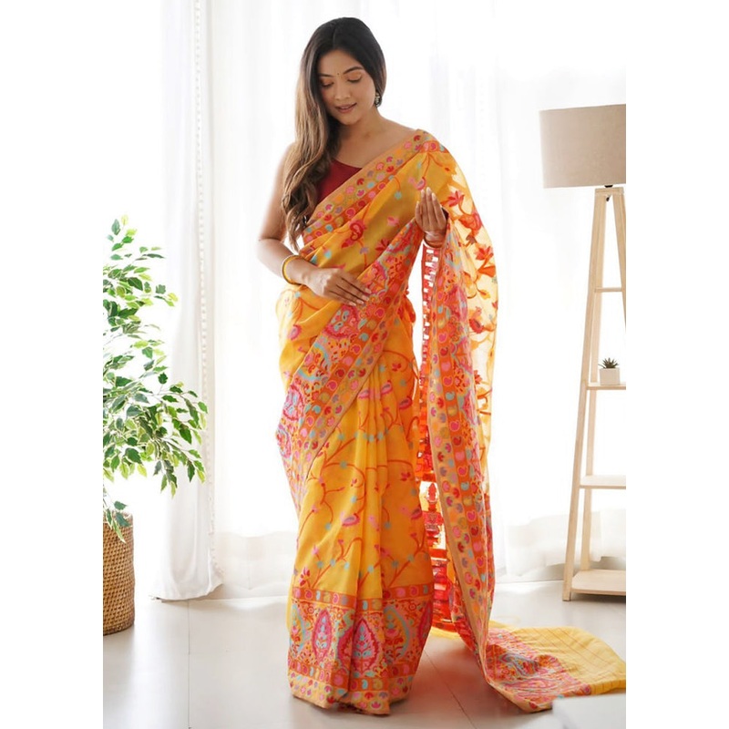 Mustard Banarasi Silk Saree With Blouse Piece - JD986605011
