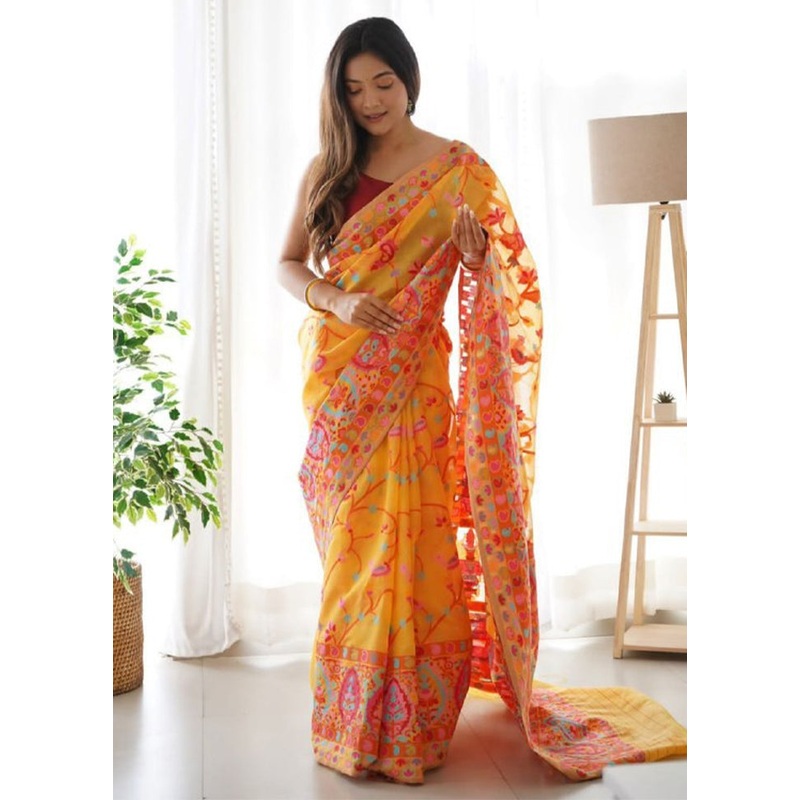 Mustard Banarasi Silk Saree With Blouse Piece - JD986605012