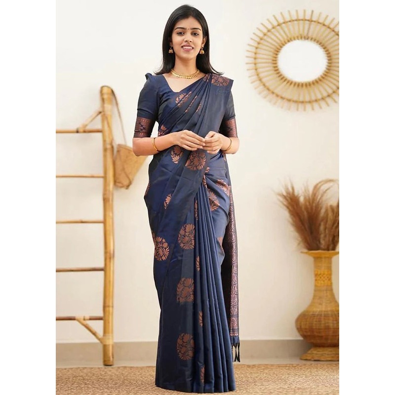 Navy Blue Banarasi Silk Saree With Blouse Piece - JD986605000
