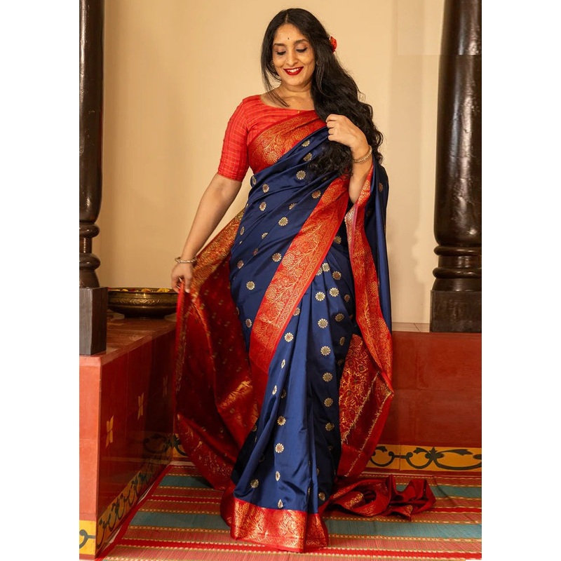 Navy Blue Banarasi Silk Saree With Blouse Piece - JD986605001