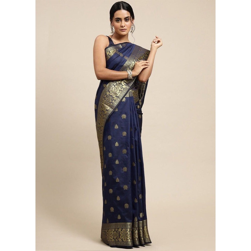 Navy Blue Banarasi Silk Saree With Blouse Piece - JD986605003