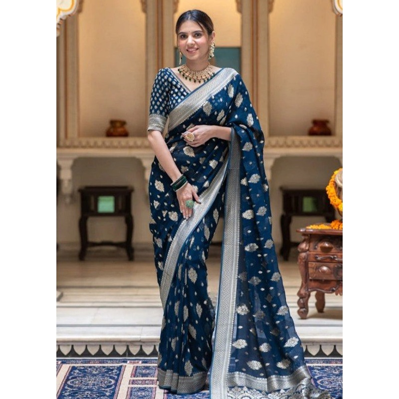 Navy Blue Banarasi Silk Saree With Blouse Piece - JD986605004