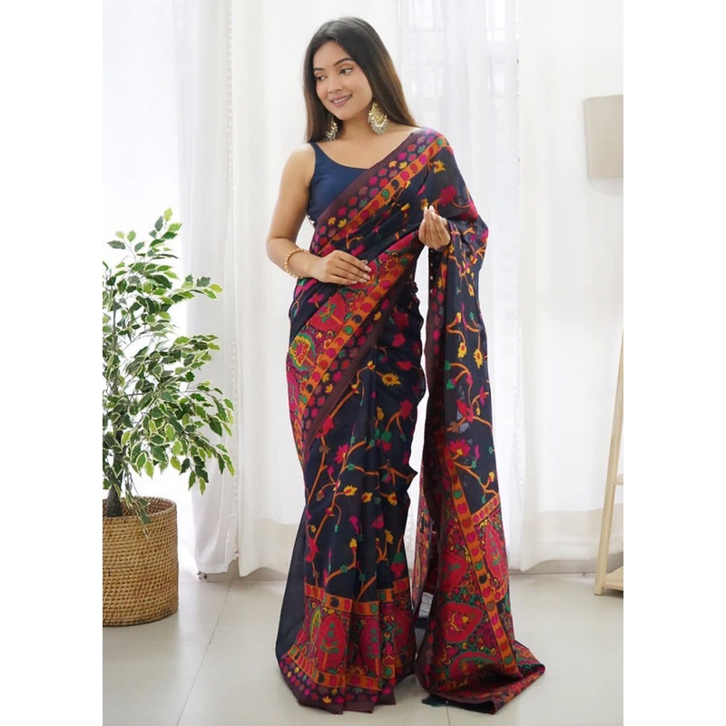 Navy Blue Banarasi Silk Saree With Blouse Piece - JD986605006