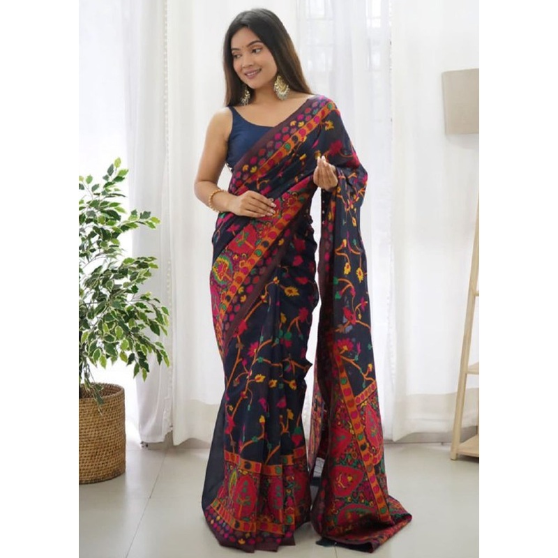 Navy Blue Banarasi Silk Saree With Blouse Piece - JD986605007