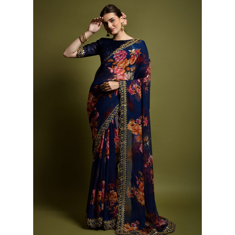 Navy Blue Chiffon Silk Saree With Blouse Piece - JD986604999