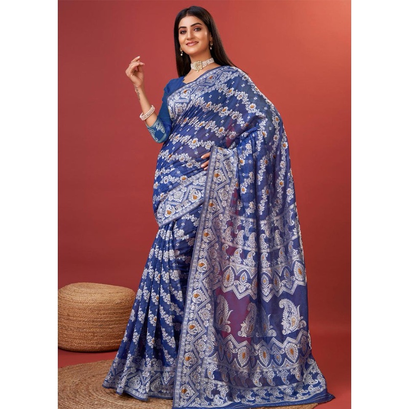 Navy Blue Cotton Saree With Blouse Piece - JD986604998