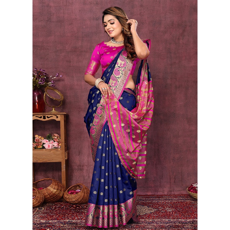 Navy Blue Dupion Silk Saree With Blouse Piece - JD986604996