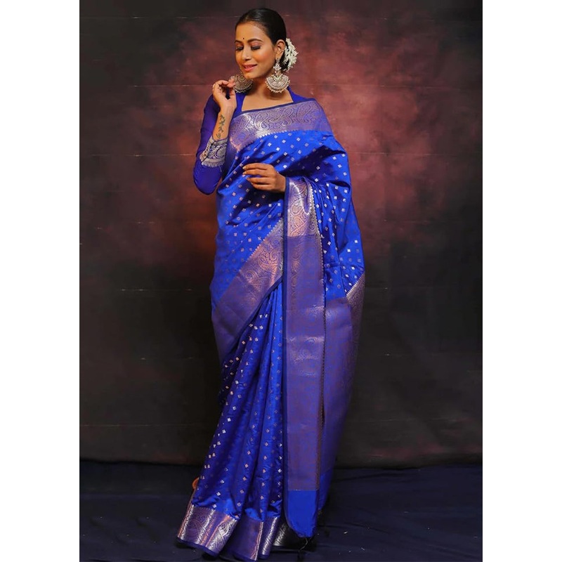 Navy Blue Dupion Silk Saree With Blouse Piece - JD986604997