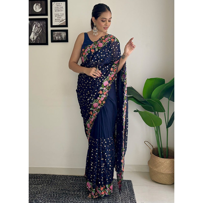 Navy Blue Georgette Saree With Blouse Piece - JD986604994