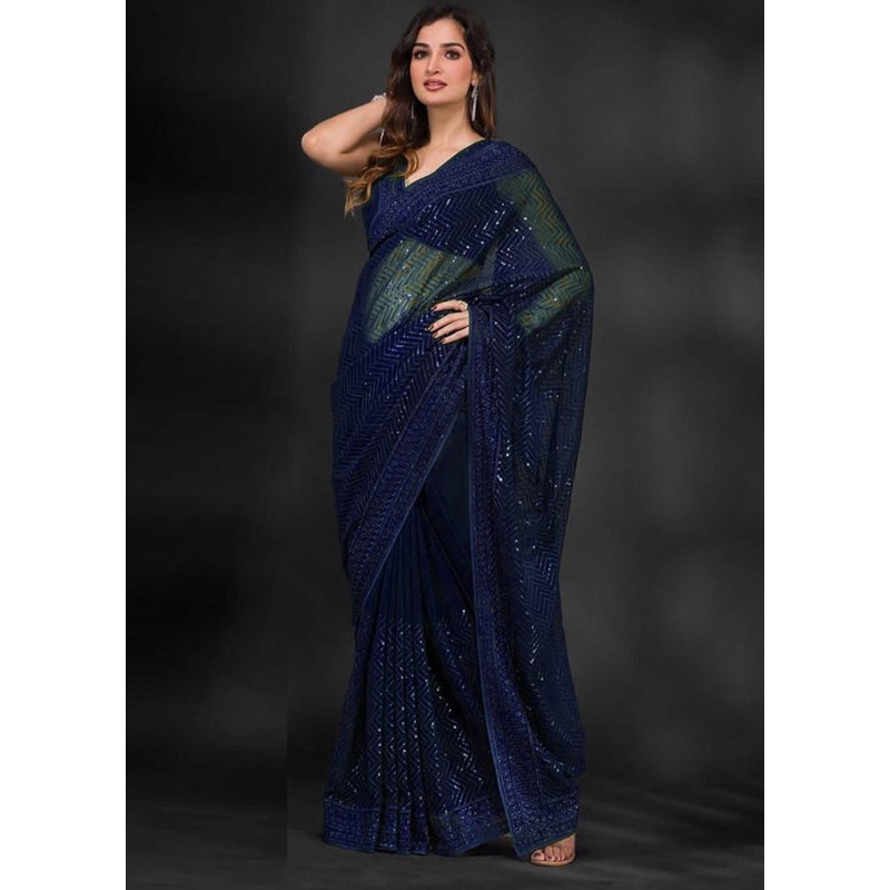 Navy Blue Georgette Saree With Blouse Piece - JD986604995