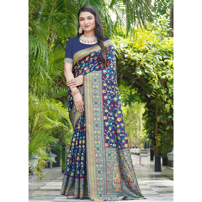 Navy Blue Pasmina Silk Saree With Blouse Piece - JD986604992