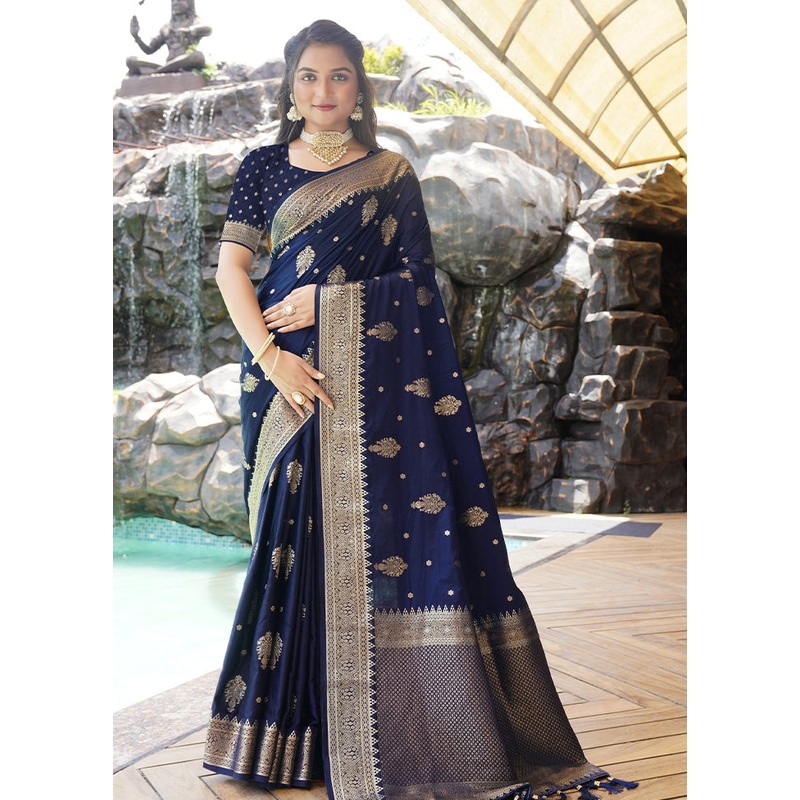 Navy Blue Satin Silk Saree With Blouse Piece - JD986604991