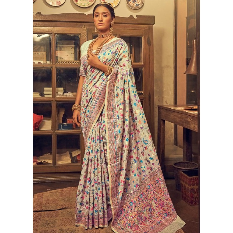 Off White Banarasi Silk Saree With Blouse Piece - JD986604990