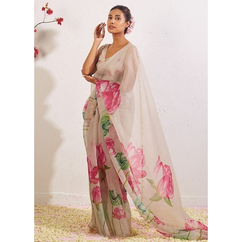 Off White Organza Saree With Blouse Piece - JD986604989
