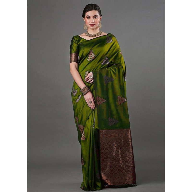 Olive Green Banarasi Silk Saree With Blouse Piece - JD986604987
