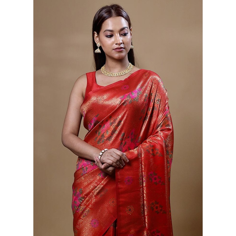 Orange Dupion Silk Saree With Blouse Piece - JD986605074