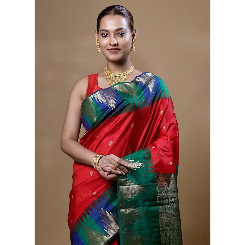 Orange Handloom Kanchipuram Pure Silk Saree With Blouse Piece - JD986605071