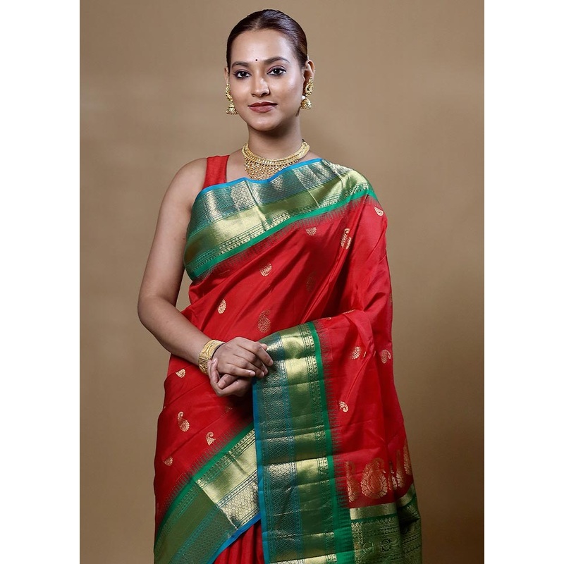 Orange Handloom Kanchipuram Pure Silk Saree With Blouse Piece - JD986605072