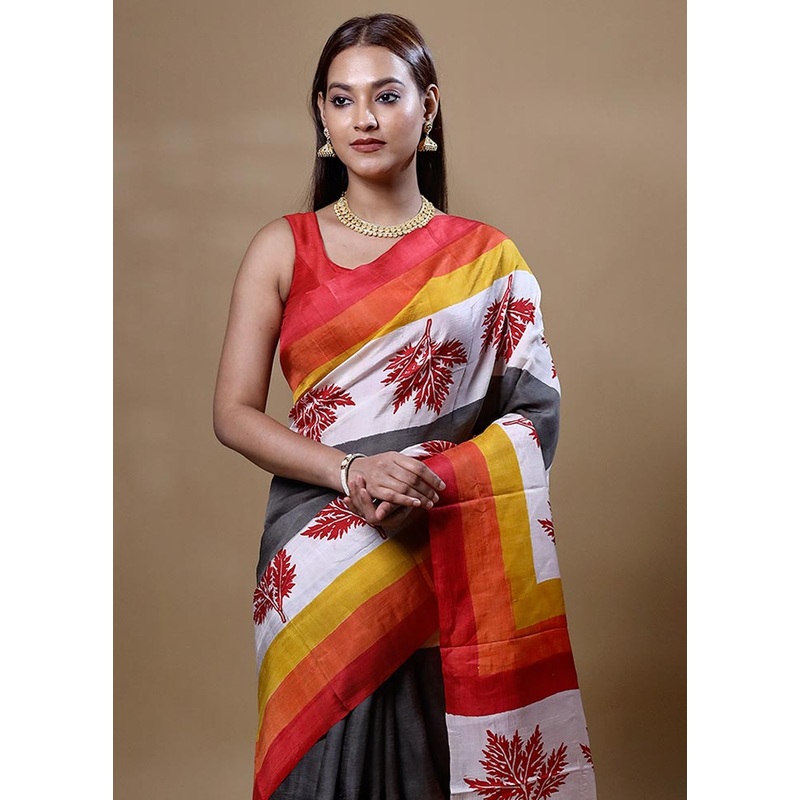 Orange Printed Pure Silk Saree Without Blouse Piece - JD986605070
