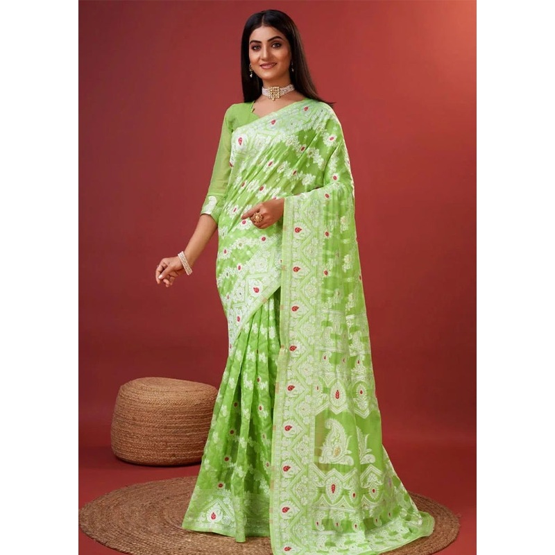 Parrot Green Cotton Saree With Blouse Piece - JD986604984