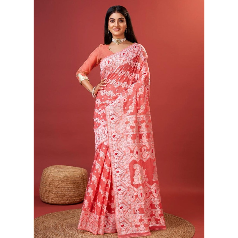 Peach Cotton Saree With Blouse Piece - JD986604981