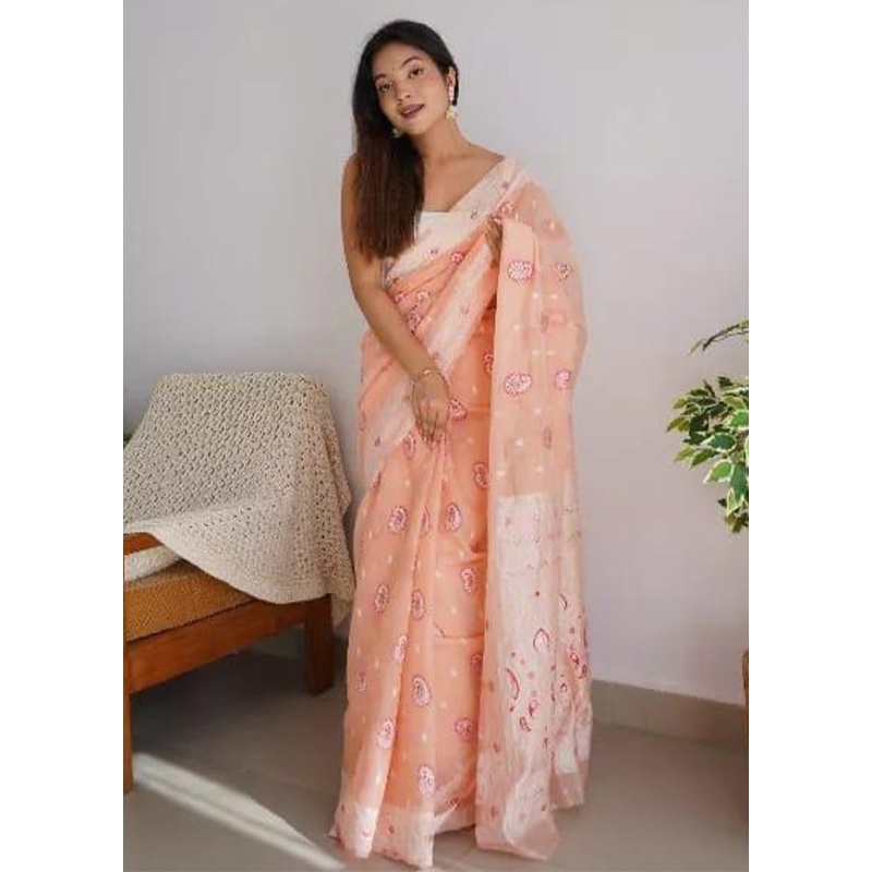Peach Cotton Saree With Blouse Piece - JD986604982