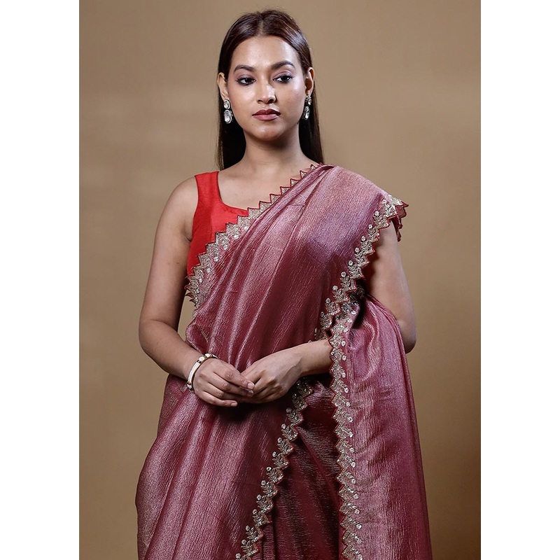 Peach Crushed Tissue Silk Saree With Blouse Piece - JD986605069