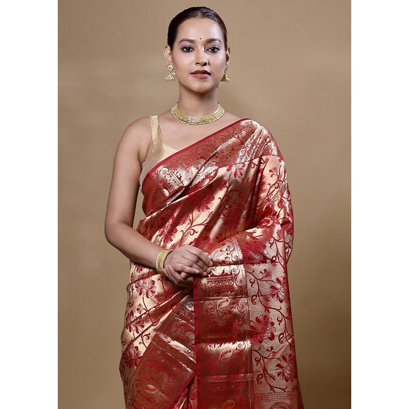 Peach Handloom Kanjivaram Pure Silk Saree With Blouse Piece - JD986605068