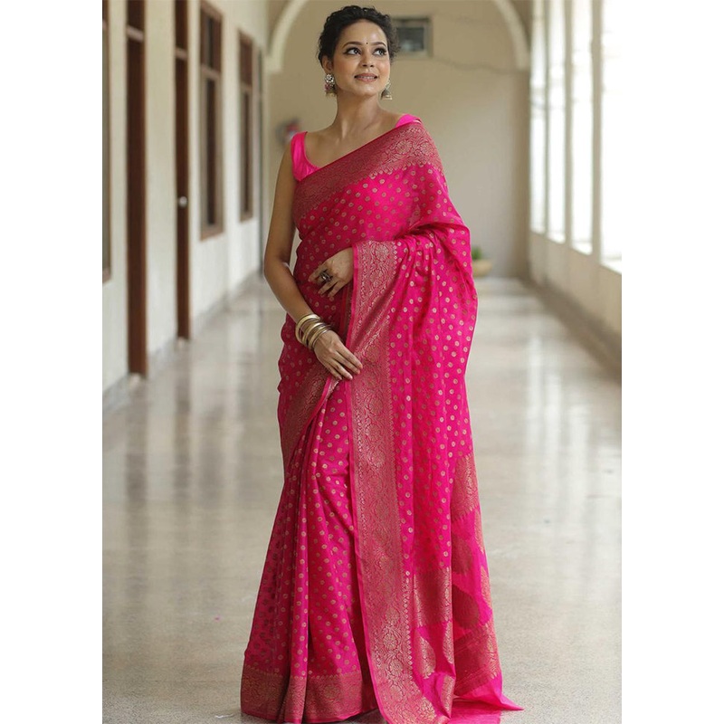 Pink Banarasi Silk Saree With Blouse Piece - JD986604969