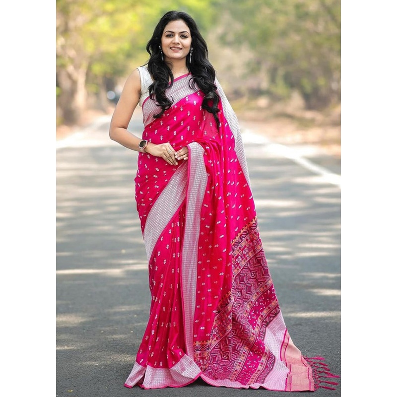 Pink Banarasi Silk Saree With Blouse Piece - JD986604971