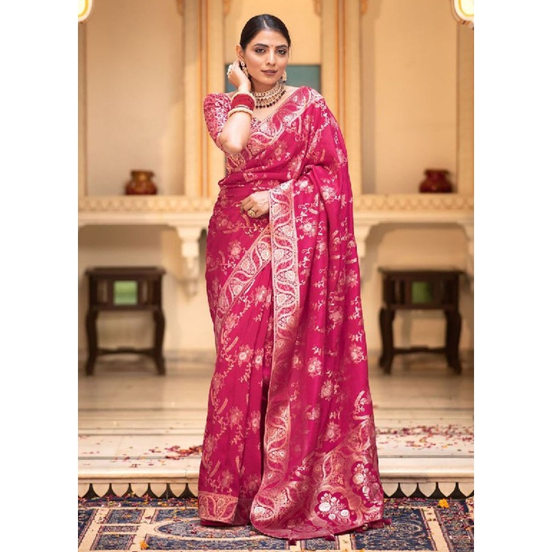 Pink Banarasi Silk Saree With Blouse Piece - JD986604973
