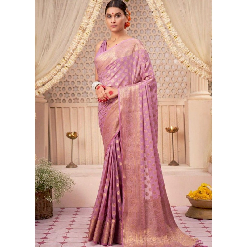 Pink Banarasi Silk Saree With Blouse Piece - JD986604974