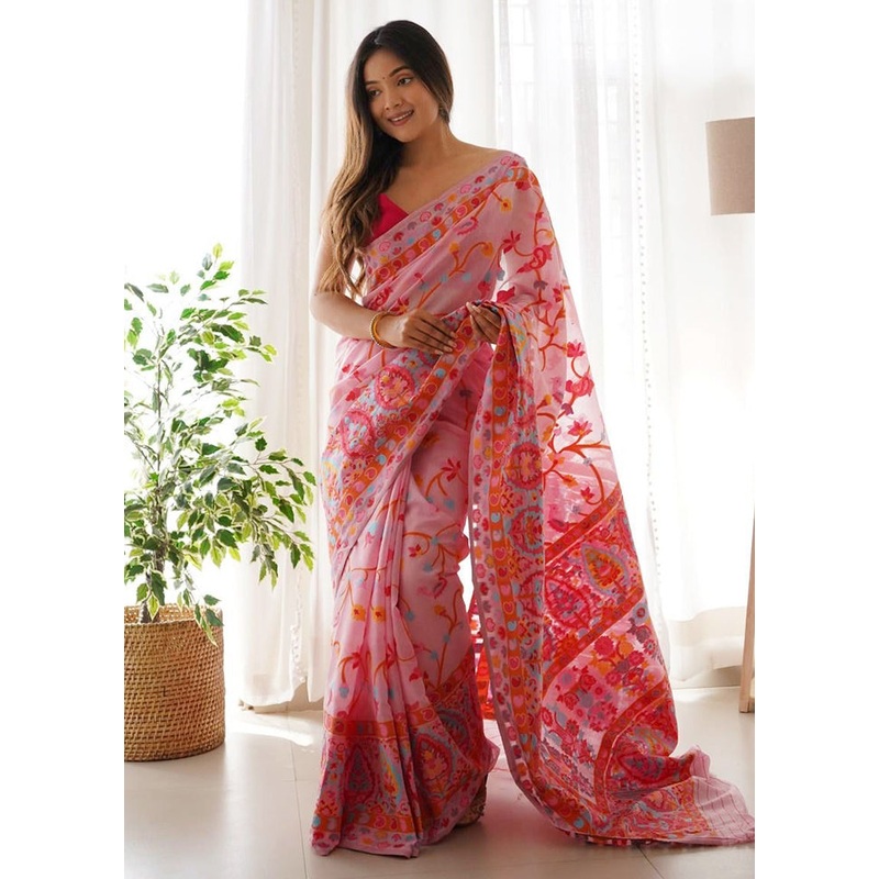 Pink Banarasi Silk Saree With Blouse Piece - JD986604975