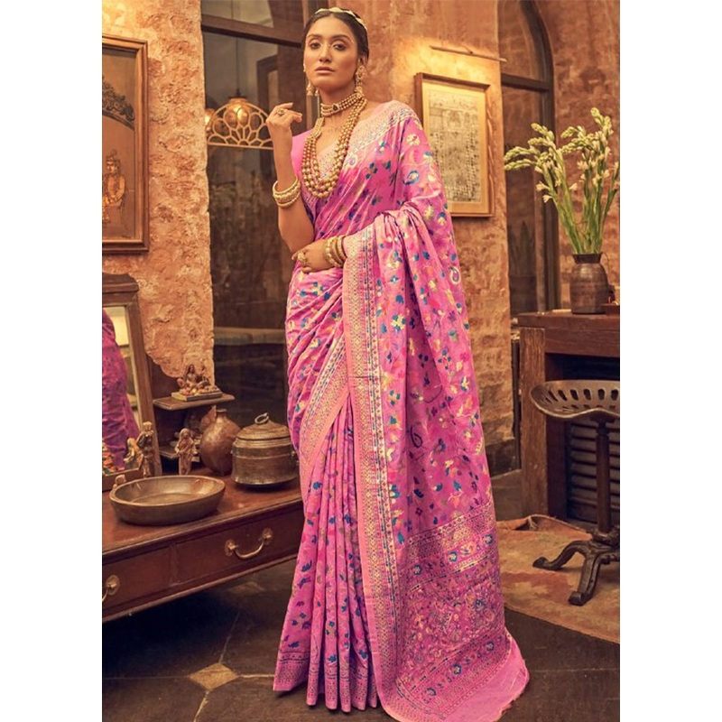 Pink Banarasi Silk Saree With Blouse Piece - JD986604978