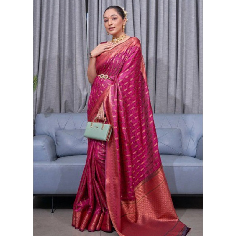 Pink Banarasi Silk Saree With Blouse Piece - JD986604980