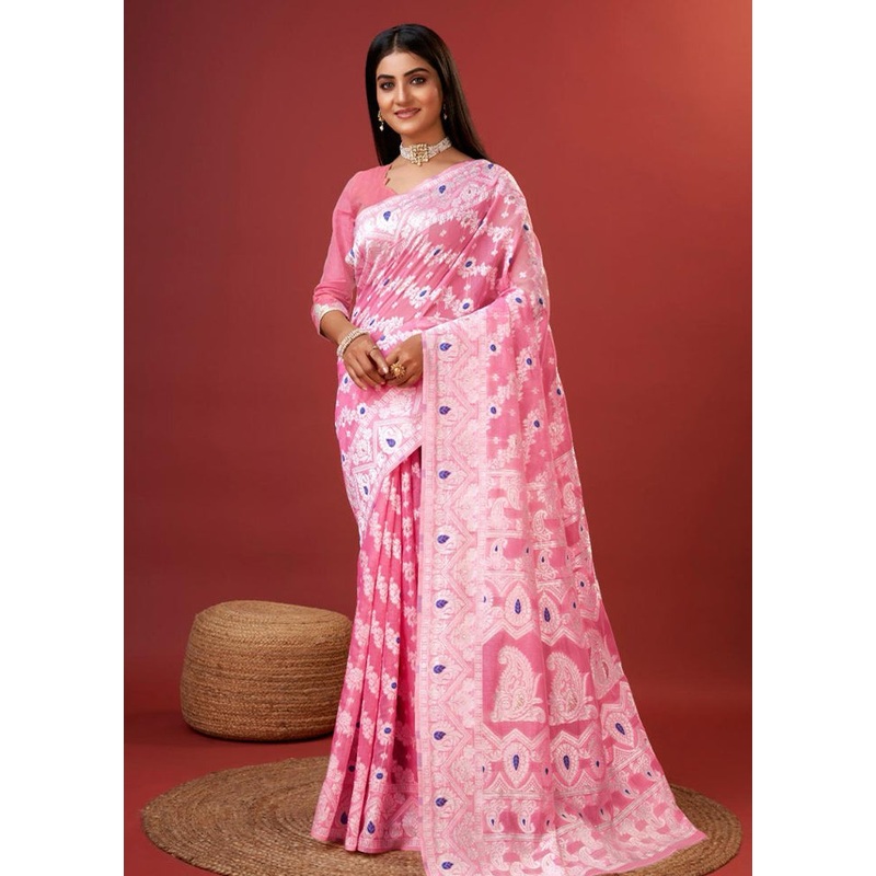 Pink Cotton Saree With Blouse Piece - JD986604966