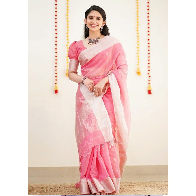 Pink Cotton Saree With Blouse Piece - JD986604967