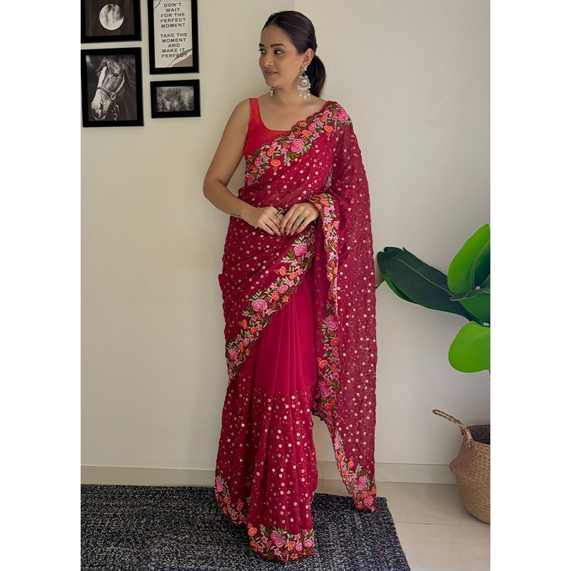 Pink Georgette Saree With Blouse Piece - JD986604917