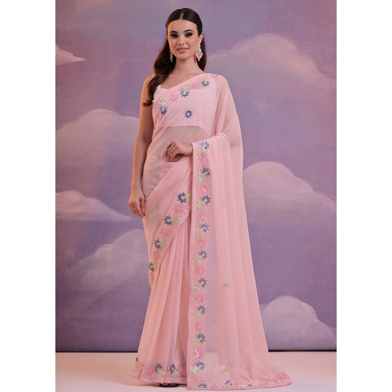 Pink Georgette Saree With Blouse Piece - JD986604965