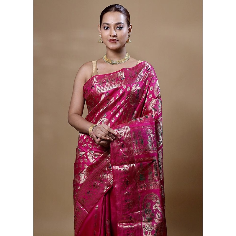 Pink Handloom Baluchari Pure Silk Saree With Blouse Piece - JD986605065