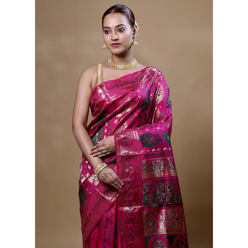 Pink Handloom Baluchari Pure Silk Saree With Blouse Piece - JD986605066