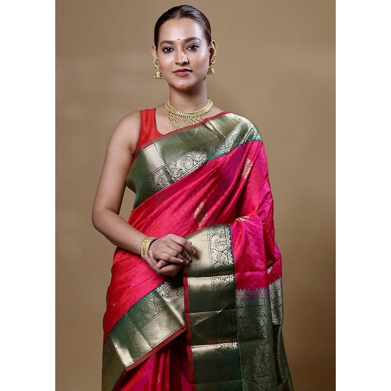 Pink Handloom Kanchipuram Pure Silk Saree With Blouse Piece - JD986605063