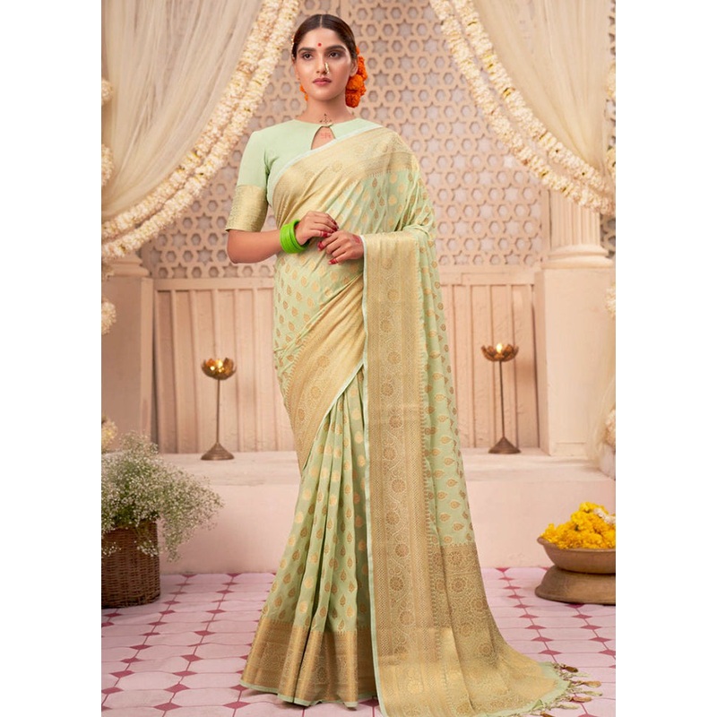 Pista Green Banarasi Silk Saree With Blouse Piece - JD986604963