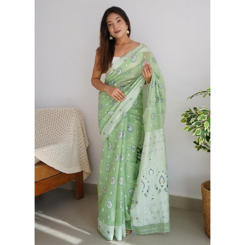 Pista Green Cotton Saree With Blouse Piece - JD986604962