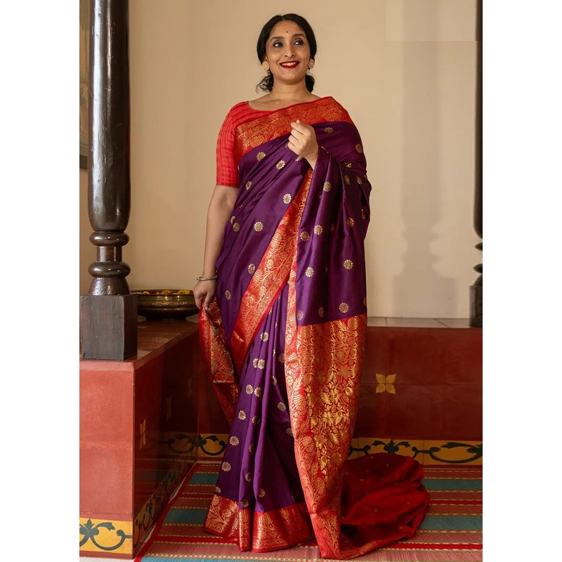 Purple Banarasi Silk Saree With Blouse Piece - JD986604946