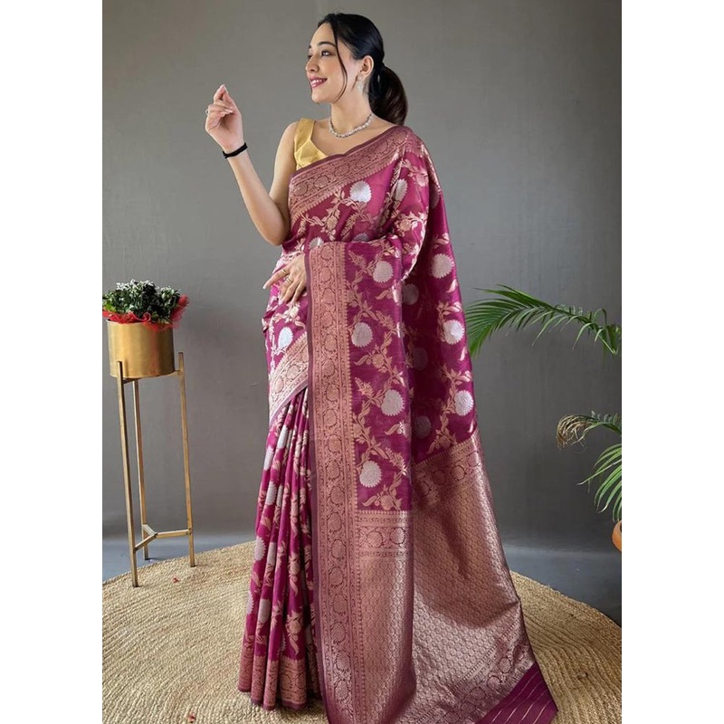 Purple Banarasi Silk Saree With Blouse Piece - JD986604948