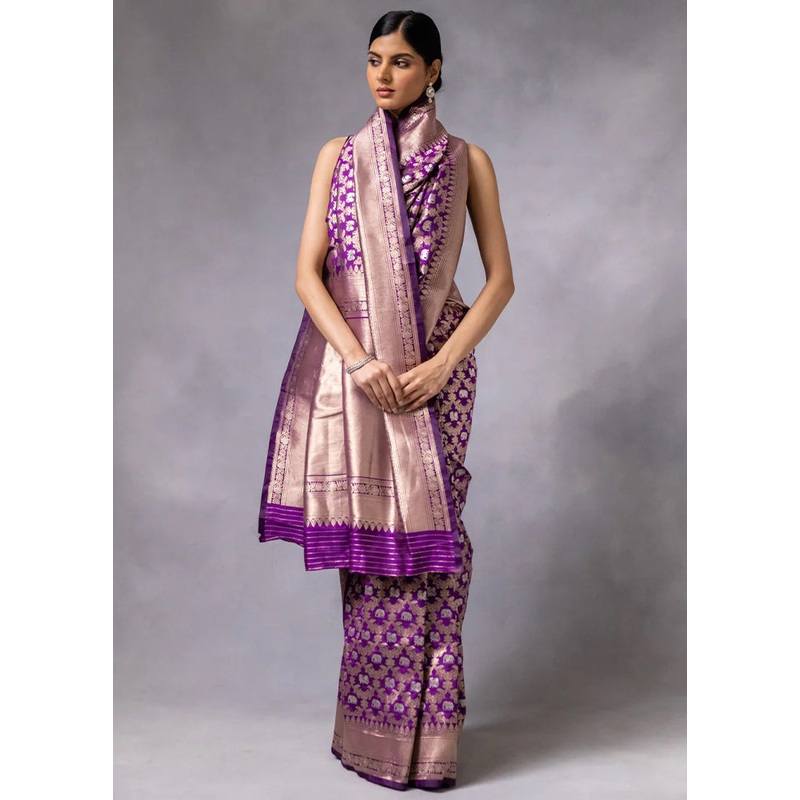 Purple Banarasi Silk Saree With Blouse Piece - JD986604949