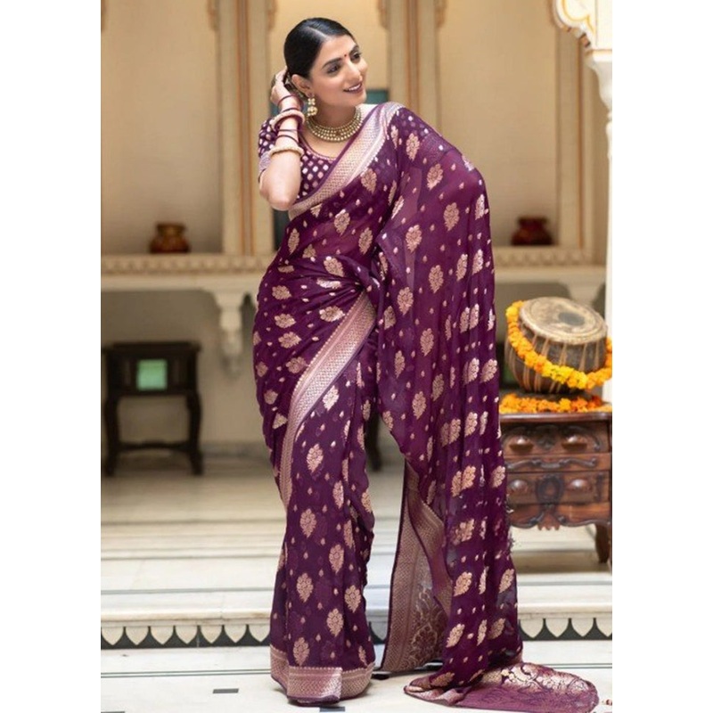 Purple Banarasi Silk Saree With Blouse Piece - JD986604953