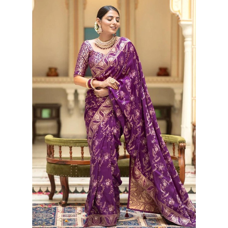 Purple Banarasi Silk Saree With Blouse Piece - JD986604954