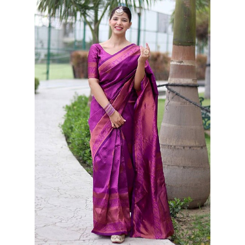 Purple Banarasi Silk Saree With Blouse Piece - JD986604955